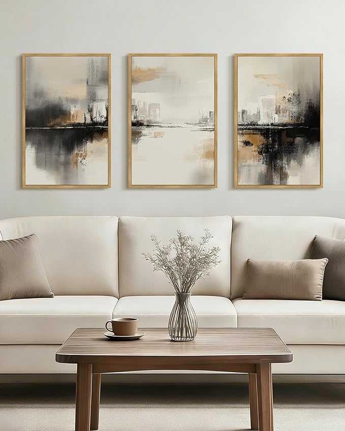 Drsoum Vintage Black Gray Abstract Wall Art Framed Brown Tan Neutral Prints Minimalist Modern Rustic Artwork Bedroom Living Room Ready to Hang 16x24in Natural Framed