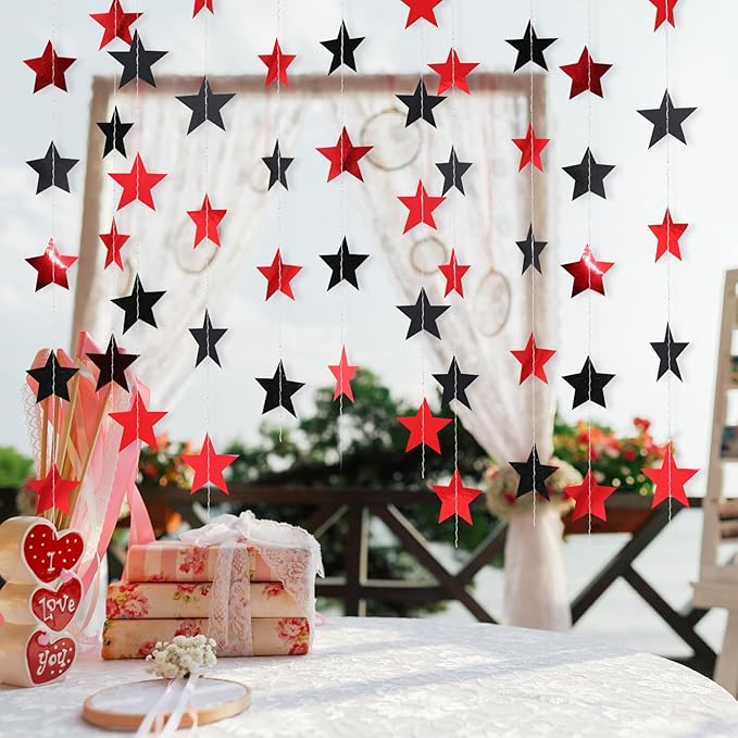 Patelai Glitter Star Garland Banner 2026 Graduation Decor 130 Feet Star Hanging Banner Twinkle Backdrop for Party Birthday Classroom Wedding Supplies(Red,Black)