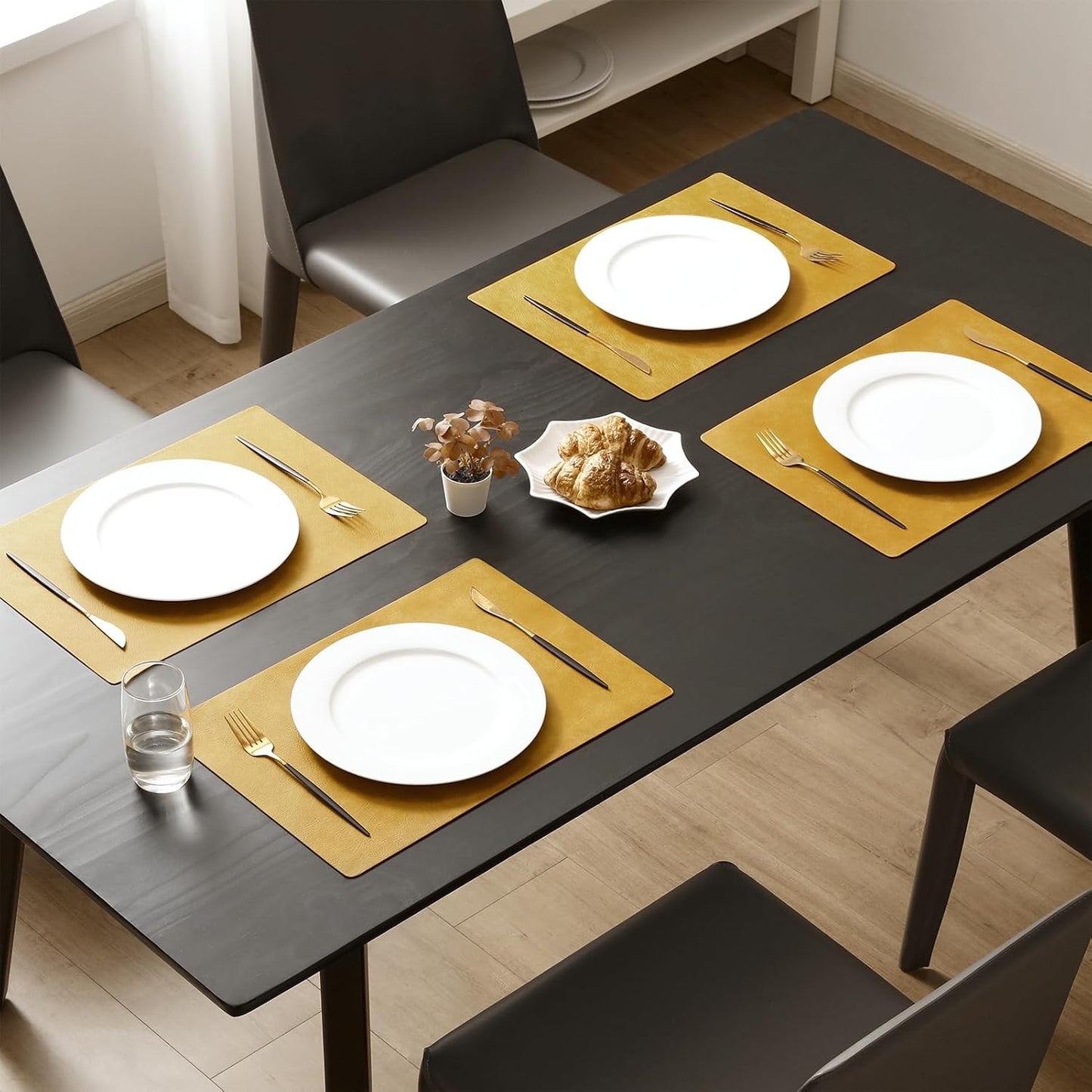 MOSAYT Vinyl Placemats Set of 8-12 X 17 Inch - Faux Leather 100% Waterproof Oil-Proof Wipeable PU Place Mats, Heat Resistant Reversible Table Mats for Kitchen, Dining, Outdoor (Yellow)