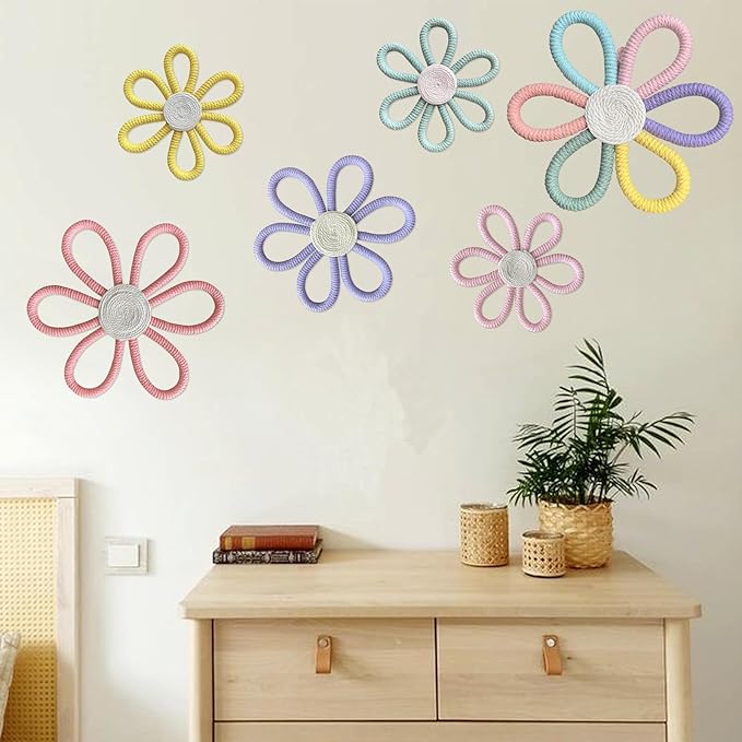 KUNHEHO Boho Wall Decor Set of 6 Daisy Flower Wall Decor Nursery Bedroom Decor Bohemian Macrame Wall Hanging Decor for Nursery Home Bedroom ((Vivid Colors)