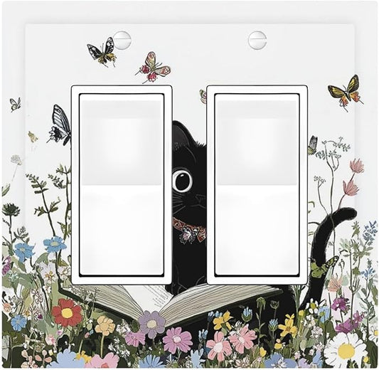 Decorative Outlet Covers Cute Cat Wildflowers Boho Flowers Floral 2 Gang Double Gfci Rocker Electrical Wall Panels Light Switch Cover Plate For Nursery Kids Room Decor