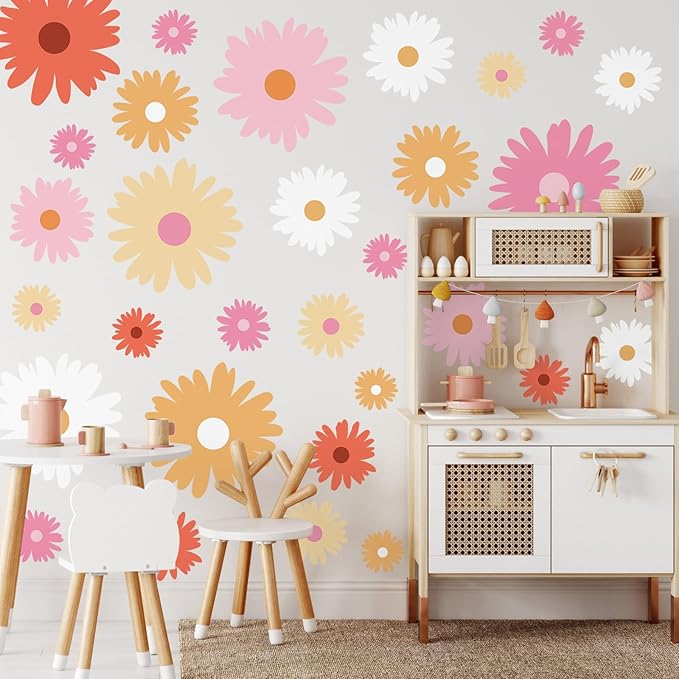 TaoBary 12 Sheet Daisy Wall Sticker Decal Removable Cute Daisy Bedroom Room Decor Flower Wall Sticker Pink White Flower Decal Wallpaper Peel and Stick for Nursery Home(Bright Color,Artsy Style)