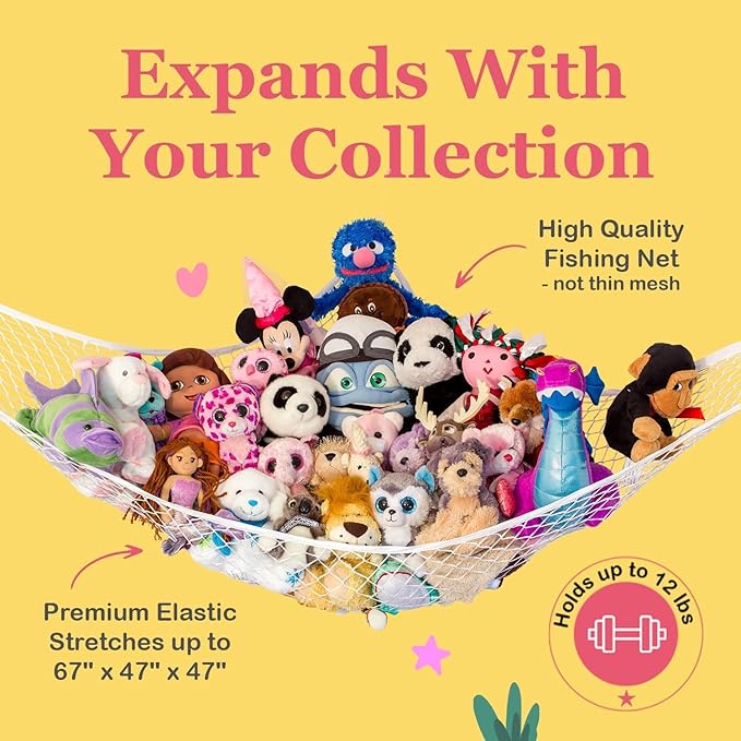 Lilly's Love Stuffed Animal Hammock | Corner Hanging Organizer, Toy Storage, Stuffed Animal Storage Net | Made From Quality Fishing Net, Holds 12lbs | 67"x47"x47" (Pink)