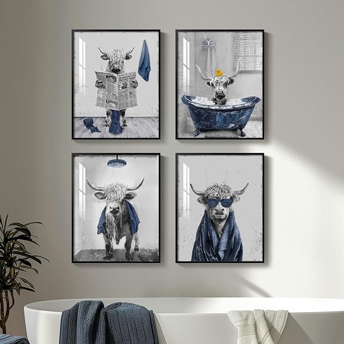 Framed Highland Cow Funny Bathroom Wall Art, 4 Piece Fun Animal Navy Blue Art Prints, Cute Cow Sitting on Toilet or in Bathtub or Reading Pictures Wall Decor for Toilet, Restroom, Washroom, Bathroom