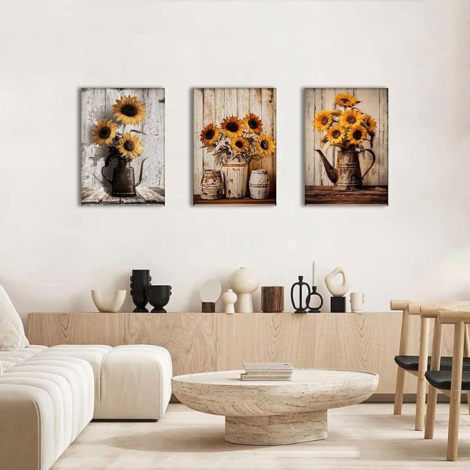 AOYUSMO 3 Piece Sunflower Wall Art Rustic Vintage Floral Canvas Wall Art Flower in Pitcher Pictures Wall Decor Farmhouse Art Prints for Kitchen Living Room Bedroom 12"x16" Framed