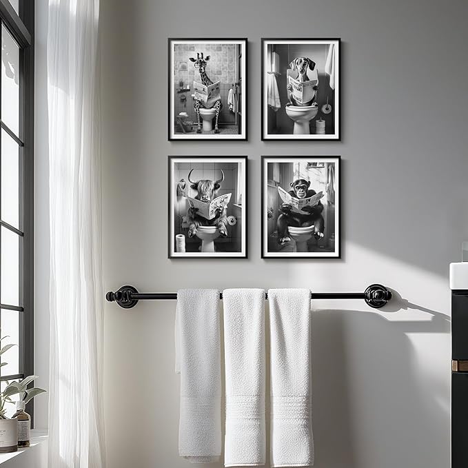 Framed Black and White Bathroom Wall Art Decor, 4 Piece Modern Animal Canvas Prints Painting Artwork, Dog Highland Cow Giraffe Sitting on Toilet Reading Newspaper Pictures for Toilet Restroom, 11x14
