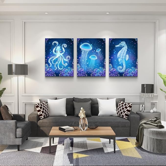 DZRWUBHS Large Wall Art For Living Room Bedroom Wall Decor Blue Ocean Life Theme Art Prints Wall Artworks Sea Animal Sea Horse Octopus Jellyfish Pictures Bathroom Modern Home Decor Painting Posters