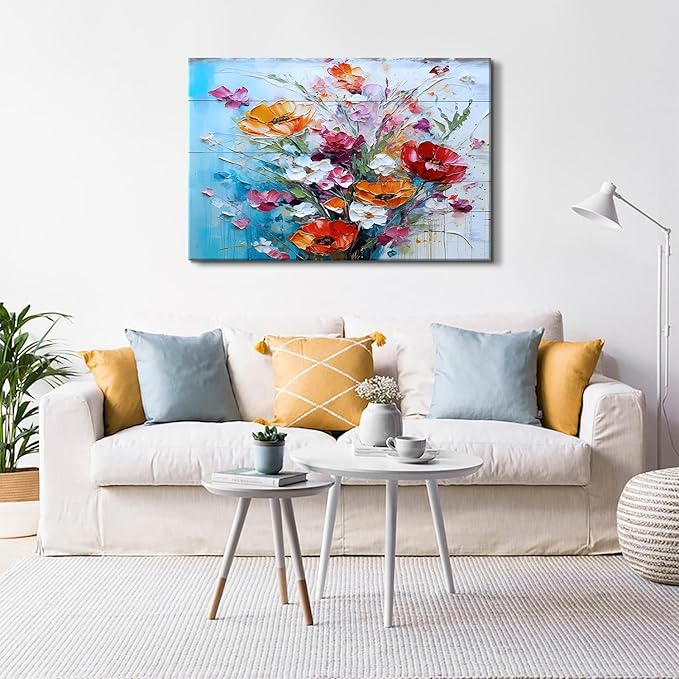 Extra Large Floral Canvas Wall Art for Living Room Poppy Flowers Painting Rustic Colorful Wildflowers Wall Decor Farmhouse Prints Vintage Nature Artwork Framed Kitchen Bedroom Home Decoration 32x48"