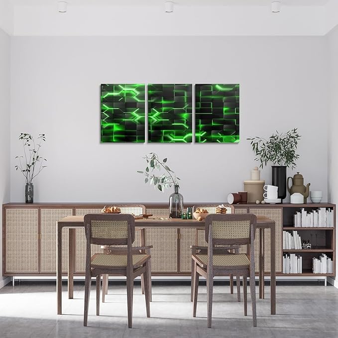 Feelyou Green and Black Picture Wall Decor 12"x16" 3 Piece Honeycomb Canvas Wall Art Decor Hexagon Theme Office Decorations Artwork Posters Geometrical Beehive Painting