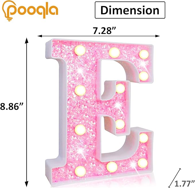 Pooqla LED Marquee Letter Lights, Light Up Pink Letters Glitter Alphabet Letter Sign Battery Powered for Night Light Birthday Party Wedding Girls Gifts Home Bar Christmas Decoration, Pink E
