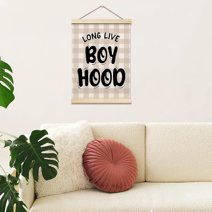 Long Live Boyhood Posters Hanger Frame for Boys Room Checkered Hanging Poster for Bedroom Kids Room Classroom Decor Wall Art Decor for Nursery Playroom Canvas Wall Art Print 16x12 Inches - YY043
