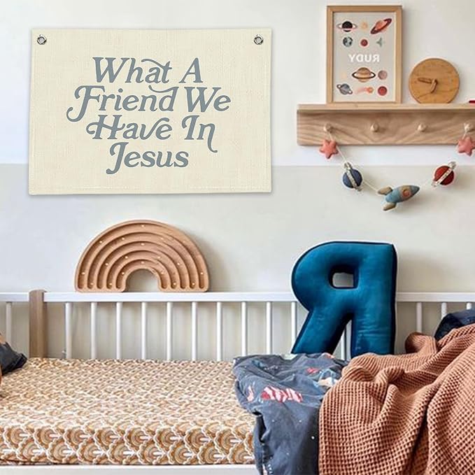 RTXLEZM Kids Room Decor, What a Friend We Have in Jesus Christian Canvas Banner Wall Hanging, Minimalist Bible Verse Wall Art Prints for Classroom, Playroom，Nursery, Kids Room，20x30 Inch