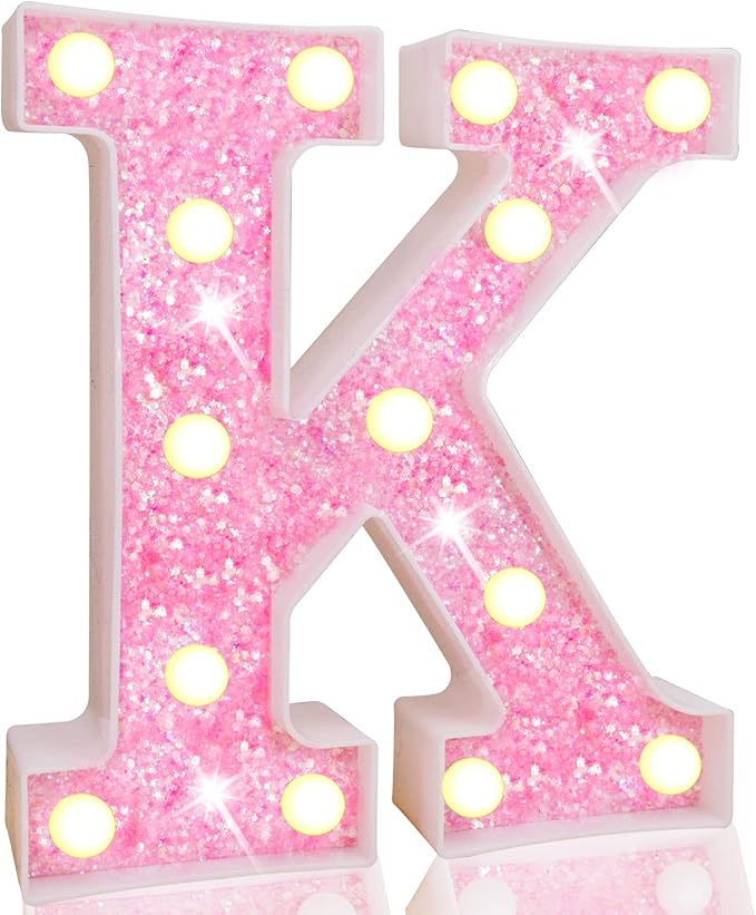 Pooqla LED Marquee Letter Lights, Light Up Pink Letters Glitter Alphabet Letter Sign Battery Powered for Night Light Birthday Party Wedding Girls Gifts Home Bar Christmas Decoration, Pink K