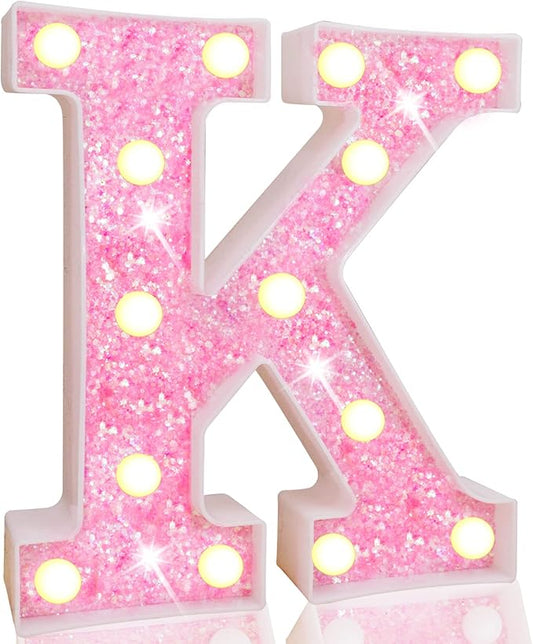 Pooqla LED Marquee Letter Lights, Light Up Pink Letters Glitter Alphabet Letter Sign Battery Powered for Night Light Birthday Party Wedding Girls Gifts Home Bar Christmas Decoration, Pink K