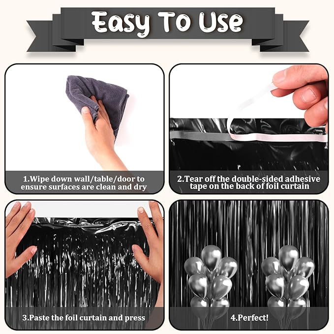 3.3 x 6.6 ft Foil Fringe Backdrop Curtains, Tinsel Streamers Party Decorations, Fringe Backdrop for Birthday, Baby Shower, Gender Reveal, Graduation (3, Black)