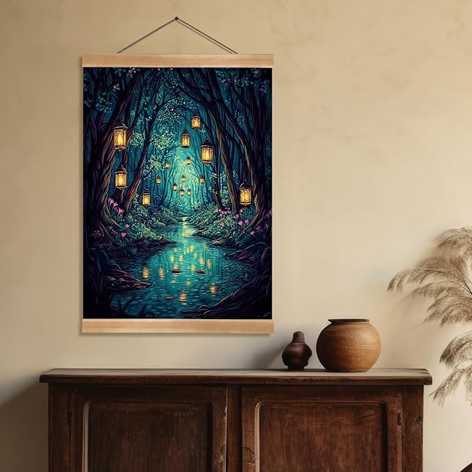 Fantasy Forest Canvas Wall Art Decor,Magic Forest Scene Poster,Enchanting Whimsical Art Print for Magic Lovers, Fairy Wonderland Dark Night Fireflies River Poster for Bedrooms&Living Rooms (Fantasy)