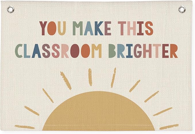 Boho Classroom Canvas Banner, Neutral Classroom Must Haves Wall Decor, Welcome Sign Back To School Linen Banner Flag Decor for School 20x30