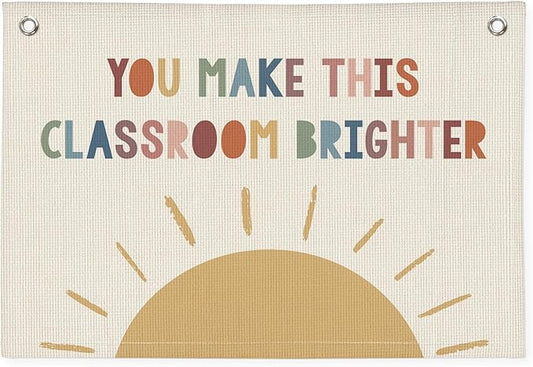 Boho Classroom Canvas Banner, Neutral Classroom Must Haves Wall Decor, Welcome Sign Back To School Linen Banner Flag Decor for School 20x30