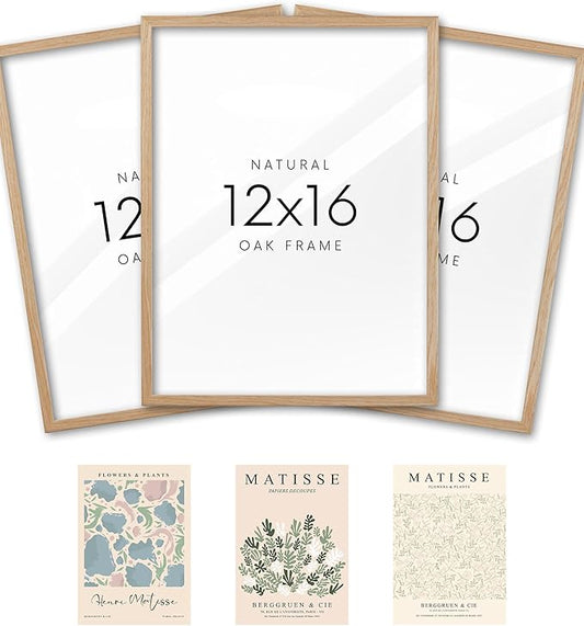 KensTro 12x16 Set of 3 Natural Oak Wood Picture Frame with 3 Matisse Prints,12x16 Minimalist Natural Solid Wooden Picture Frames for 12"x16" Posters,Wall Art,Photos,Prints,Paintings