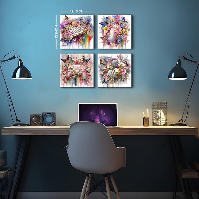 Pink and Gold Gaming Wall Art for Gamer Girls Room Decor Graffiti Flowers Butterfly Pictures Bedroom Playroom Aesthetic Game Gamepad Headphone Canvas Prints Games Posters Home Decoration 12x12” 4Pcs