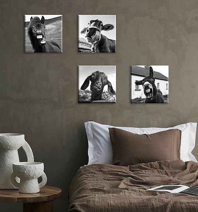 Black and White Wall Art Animal Wall Decor Horse Donkey Sheep Cow Canvas Pictures Prints Funny Decor Posters for Mens Bedroom Office Farmhouse Decoration Stretched Framed Ready to Hang 12×12 inch×4
