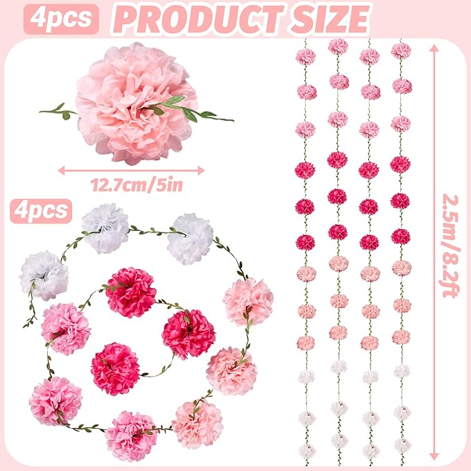 4 Pcs Gradient Pink Flower Garland Banner for Bridal Shower Decorations, Baby Shower Decorations for Girls, Pom Pom Garland, Paper Flowers Party Decorations for Birthday