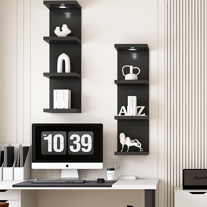 Versatile 4 Tier Wall Shelf Unit,Black Lack Wall Shelf,Display Floating Shelf with LED Remote Control Light