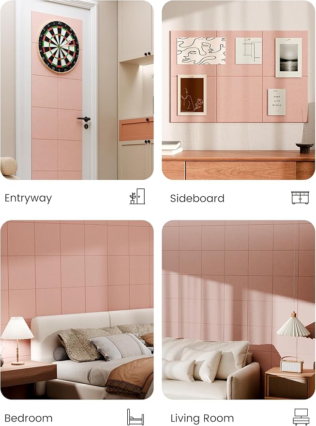 Bumusty Large Cork Board 36" x 24" Alternative - 6 Pack Felt Wall Tiles with 40 Safe Removable Adhesive Tabs, 30 Pushpins, Cork Boards for Walls Pin Board Bulletin Board Office Decor (Pink)
