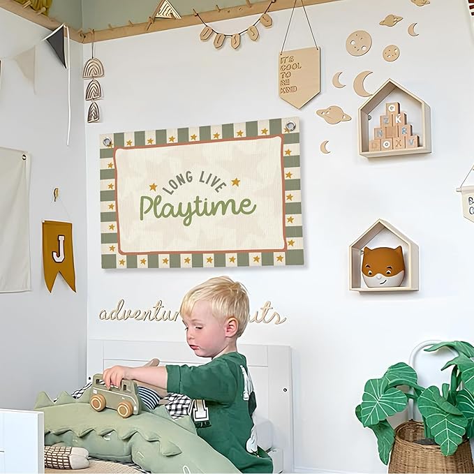 Playroom Wall Decor,Long Live Playtime Linen Canvas Banner,Sage Green Toddler Playroom Decor Kids Room Nursery with Star Pattern Wall Decor for Toddler Boys Toy Room Bedroom,30x20 Inch