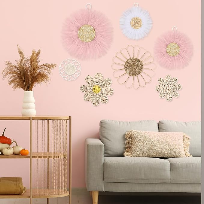 Chunful 7 Pcs Boho Wall Basket Decor Rattan Flower Wall Decor Nursery Daisy Flower Woven Macrame Hanging Flowers for Baby Kids Girls Farmhouse Bedrooms Living Rooms Kitchen Home(Pink)