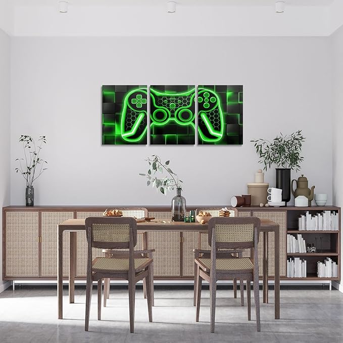 Feelyou Gamer Canvas Wall Art - 12"x16", 3-Piece Green & Black Ombre Gaming Decor, Office & Living Room