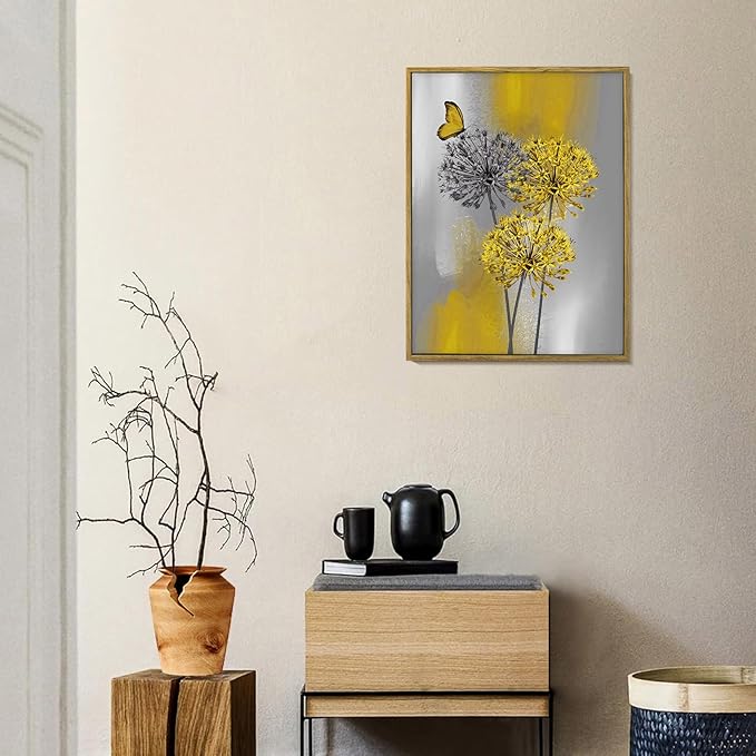 LB Yellow Dandelion Framed Wall Art with Butterfly - Modern Yellow Grey Canvas Wall Art for Home Contemporary Aesthetic Wall Decor for Home, Ready to Hang 17x12 Inch, Living Room Bedroom Bathroom Decor