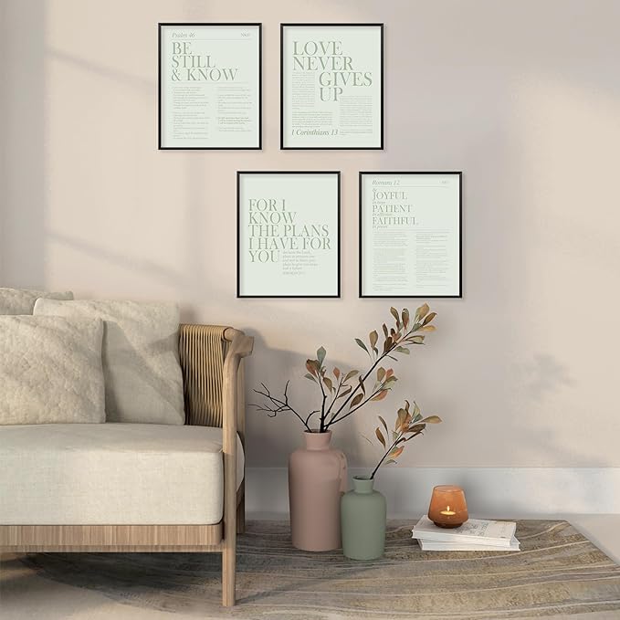 Locomiss Sage Green Christian Wall Art Decor, Modern Bible Verse Prints, Minimalist Jesus Scripture Wall Decor, Inspirational Bible Posters for Bedroom Office Living Room, Set of 4 (8x10 Unframed)