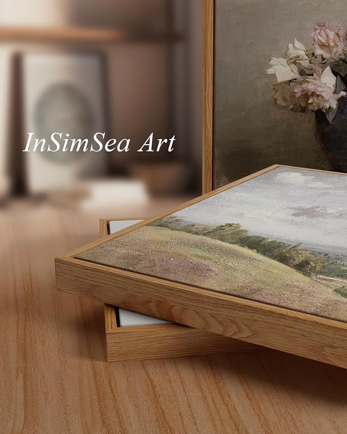 InSimSea Framed Canvas Wall Art Vintage Decor, Classical Grassland Paintings Large Wall Art, Meadow Full of Flowers Wall Hanging Decor for Living Room Farmhouse Bathroom, 24"x36"