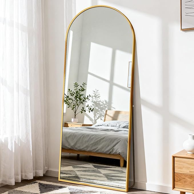 DUMOS 63.6"x20.6" Arched Full Length Mirror with Stand Floor Free Standing Aluminum Frame for Bedroom Body Hanging Leaning Modern Simple Home Decor Shatter-proorf Nano Glass Wall, Gold-Rounded