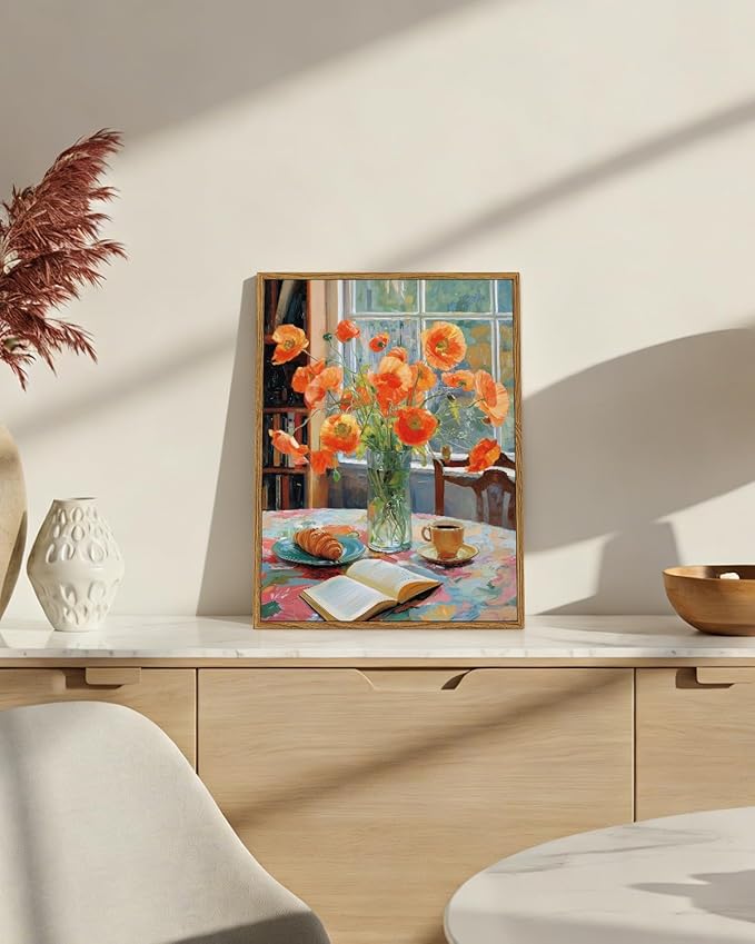 Vintage Framed Wall Art 12x16 Inch Floral Canvas Print with Poppy Flowers, Still Life Oil Painting Coffee Cup and Open Book Artwork, Aesthetic Living Room Bedroom Dining Room Farmhouse Decor Gift