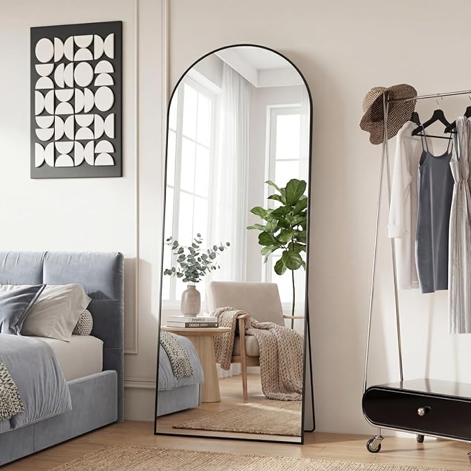 DUMOS Arched Full Length Mirror with Stand Floor Free Standing Aluminum Frame for Bedroom Body Hanging Leaning Modern Simple Home Decor Shatter-proorf Nano Glass Wall Black 65"x24"