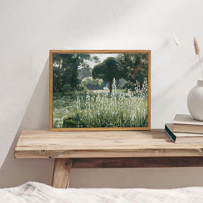 KBKBART Framed Wall Art Vintage Decor, Vintage Meadow with Flowers Oil Painting, Classical Canvas Artwork, Scenery Art Prints for Bedroom Living Room, Bathroom Wall Decor, Gallery, Gifts for Friends or Family (8"x10")