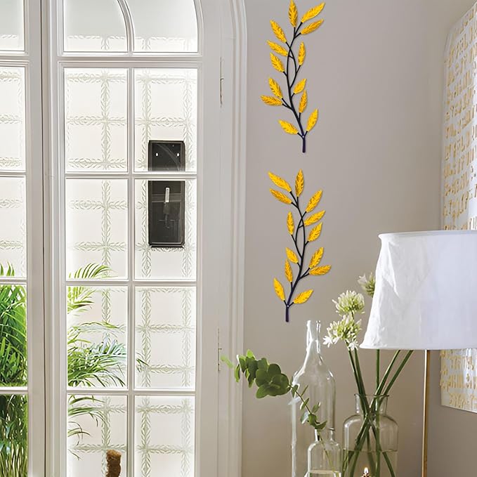 Metal Tree Leaf Wall Decor 2 PCS Rustic Vine Branch Leaf Wall Art for Living Room Bedroom Bathroom Decorations - Golden Yellow
