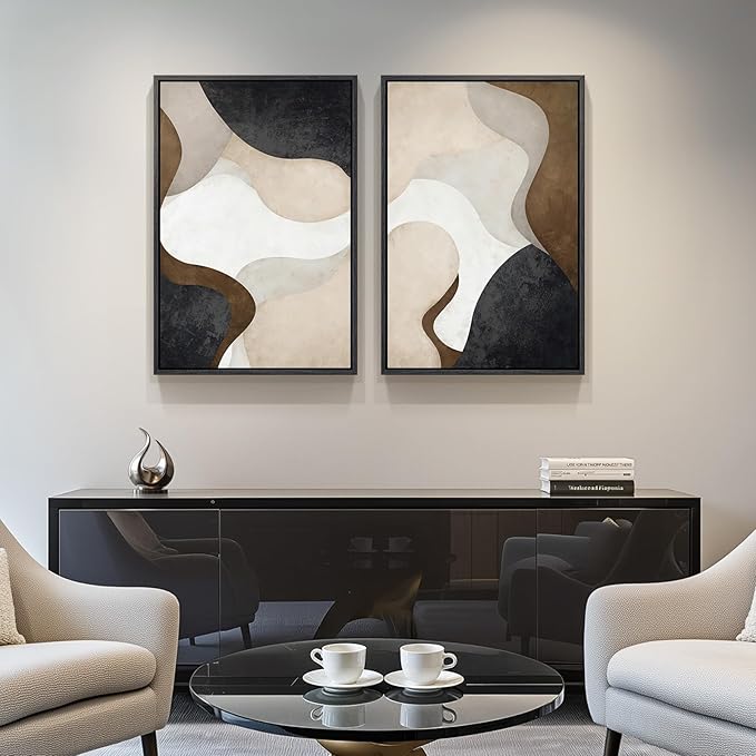 Framed Neutral Abstract Minimalist Wall Art Set of 2, Modern Canvas Prints Paintings Artwork for Walls, Black Beige Brown Abstract Art Pictures for Bedroom Living Room Dining Room Wall Decor 16x24 In