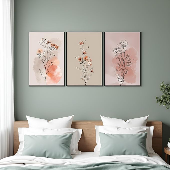 okudolit Boho Vintage Flower Wall Art Set of 3 Minimalist Floral Botanical Prints Rustic Wildflower Wall Decor Beige and Pink Neutral Plant Painting for Living Room Bedroom Office-16x24in