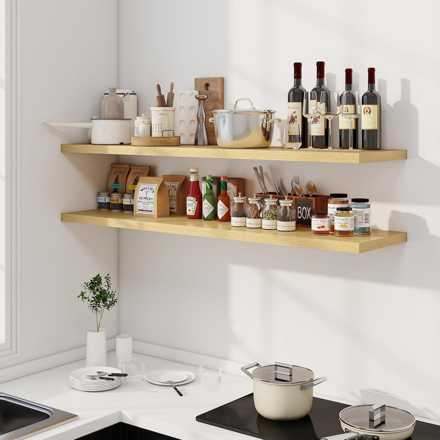 55" Floating Shelves for Wall, 12" Deep Slim Oak Floating Shelves, Wall-Mounted Shelves for Bedroom, Living Room, Kitchen, Bathroom - Set of 2