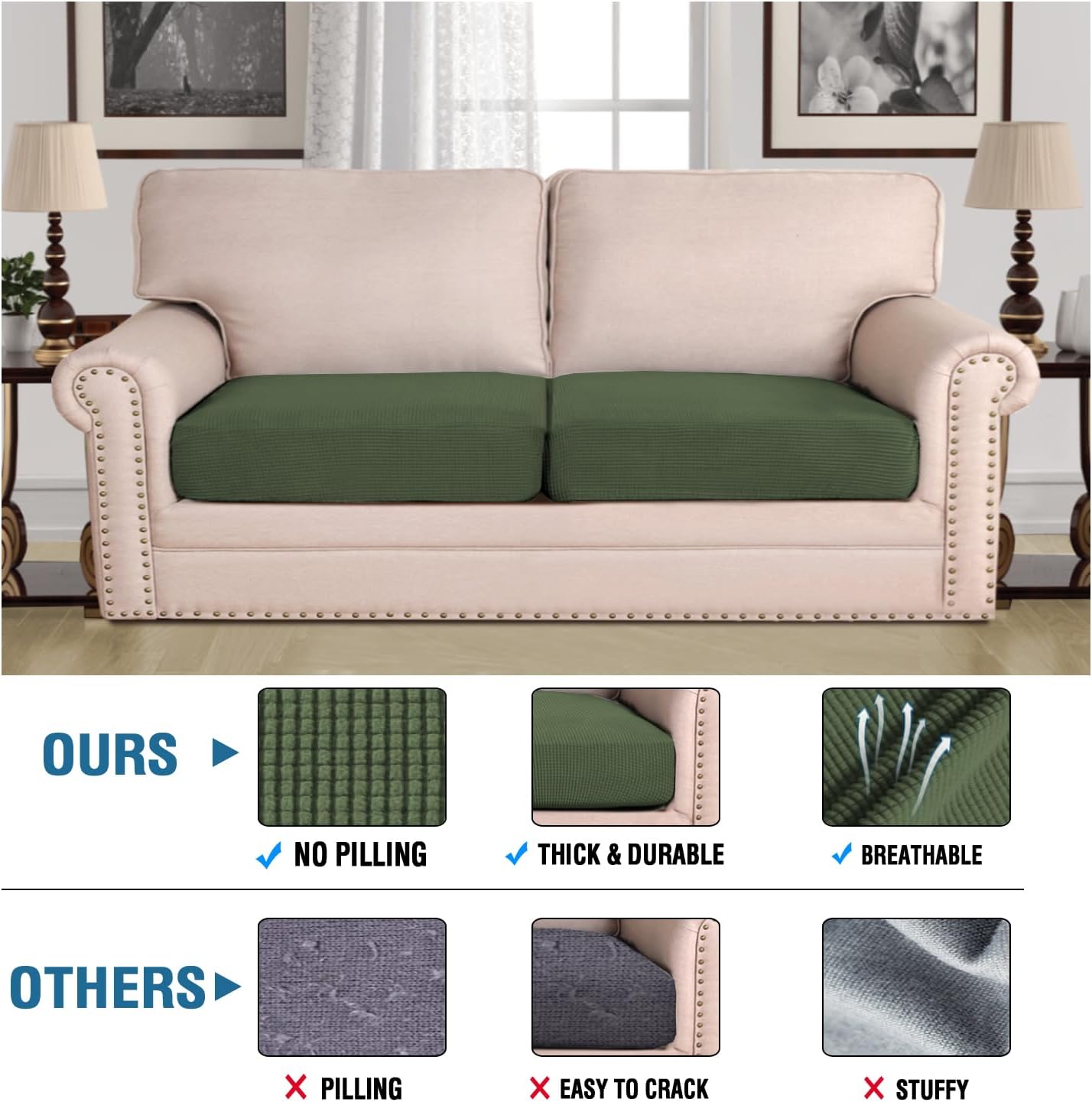 H.VERSAILTEX Super Stretch Individual Seat Cushion Covers Sofa Covers Couch Cushion Covers Slipcover Sets Thick Jacquard Textured Twill Fabric (2 Piece Large Sofa Cushion Covers, Bronze Green)