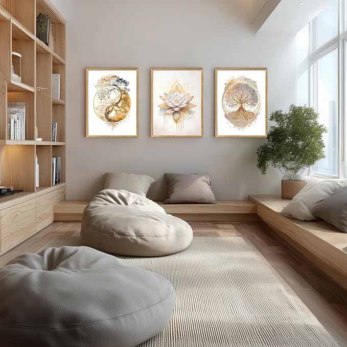 GELDSTEI Tree of Life Wall Art, Calming Zen Wall Decor, Abstract Yin Yang Tree Canvas Painting, Modern Gold Lotus Flower Meditation Poster Print for Living Room Yoga Room Bedroom Wood Framed Set of 3, Each 12x16 Inch