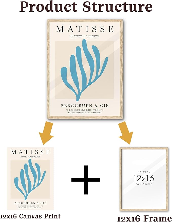 KensTro 12x16 Set of 3 Natural Oak Wood Picture Frame with 3 Blue Prints,12x16 Minimalist Natural Solid Wooden Picture Frames for 12"x16" Posters,Wall Art,Photos,Prints,Paintings