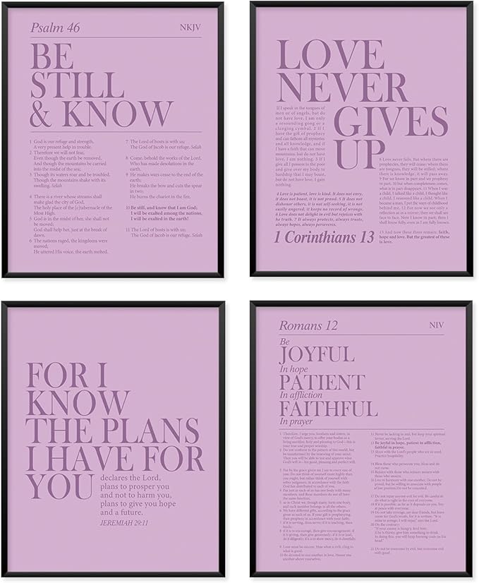 Locomiss Purple Christian Wall Art Decor, Modern Bible Verse Prints, Minimalist Jesus Scripture Wall Decor, Inspirational Bible Posters for Bedroom Office Living Room, Set of 4 (8x10 Unframed)