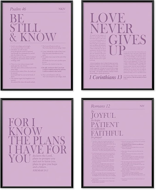 Locomiss Purple Christian Wall Art Decor, Modern Bible Verse Prints, Minimalist Jesus Scripture Wall Decor, Inspirational Bible Posters for Bedroom Office Living Room, Set of 4 (8x10 Unframed)