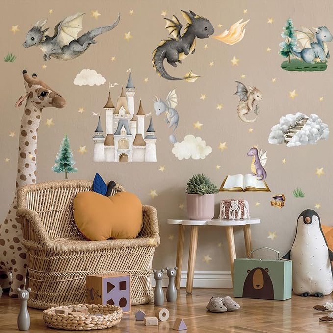 Dragon Wall Stickers,Peel and Stick Colorful Flying Dragon,Castles, White Clouds, Stars.Tree Self-Adhesive Mural，Removable Wall Sticker for Living Room Baby Nursery Kids Room Wall Decor (Multicolored)