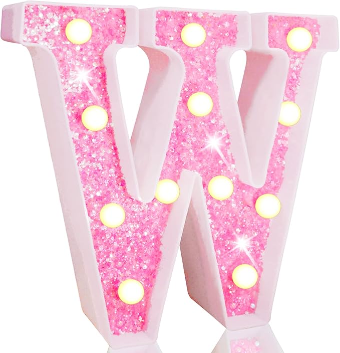 Pooqla LED Marquee Letter Lights, Pink Glitter Light Up Letters Alphabet Sign Battery Powered Night Light, Birthday Party Wedding Girls Gifts, Christmas Room Dorm Bedroom Decoration, Pink Letter W