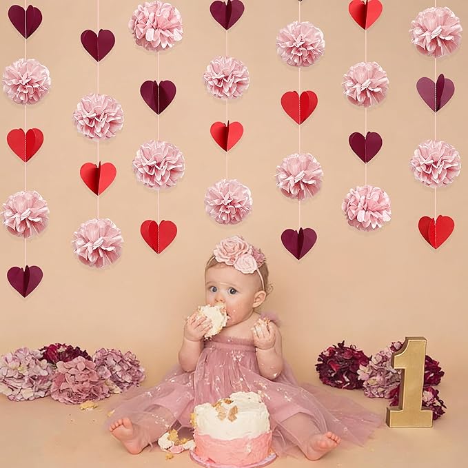 Dusty Rose Pink Party Decoration Tissue Flowers Pom Pom with Burgundy Red 3D Heart Hanging Paper Garland Banner Streamer for Valentines Day Birthday Baby Shower Wedding Bridal Shower Party Supplies